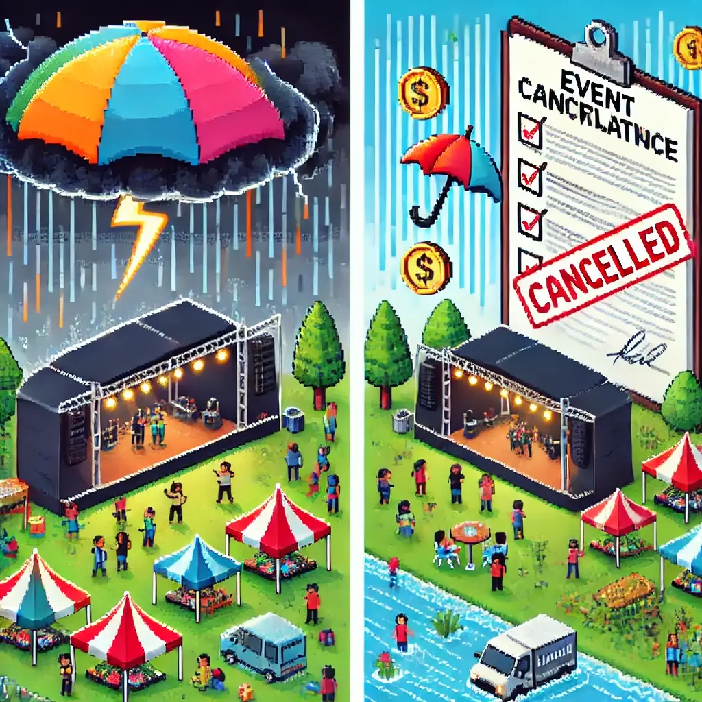Pixel art of a lively outdoor festival under a stormy sky, with one side covered by lightning and rain, while a large umbrella labeled "Insurance" protects the dry, cheerful half of the event.