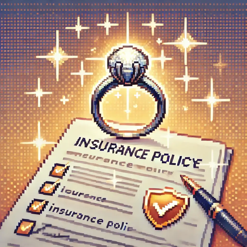Don't Risk It! 1 Essential Way to Protect Your Engagement Ring & Jewelry 2 Pixel art of a glowing engagement ring above an insurance document with checkmarks and shield icons.