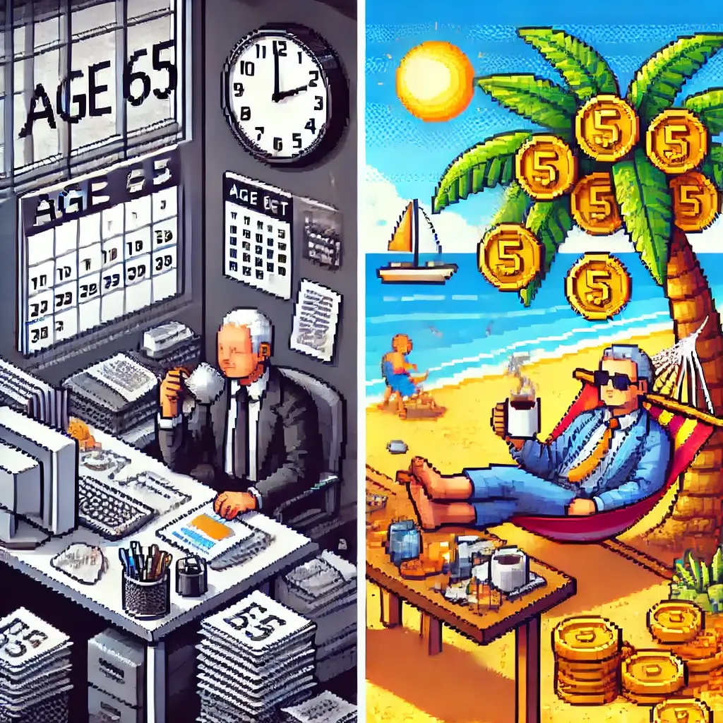 Shatter Your Work Chains! 3 Proven Annuity Secrets for Early Retirement 2 Pixel art split-screen showing a grayscale stressed office worker at age 65 beside a vibrant beach scene at age 55 with a golden annuity tree symbolizing early retirement security.
