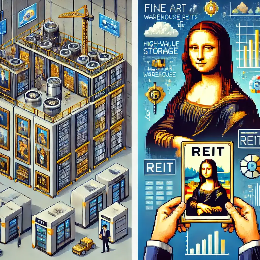 Pixel art of an investor holding a glowing golden REIT document, with a futuristic skyline, floating charts, and art-themed icons in the background.