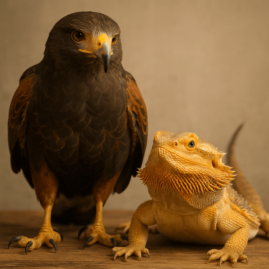 A detailed photograph of a Harris's hawk standing next to a bearded dragon lizard on a rustic wooden surface. The hawk has sharp eyes and dark plumage with rich brown and chestnut tones, while the bearded dragon displays vivid orange-yellow scales and a spiky throat. Both animals are well-lit with soft, natural lighting against a warm beige background.