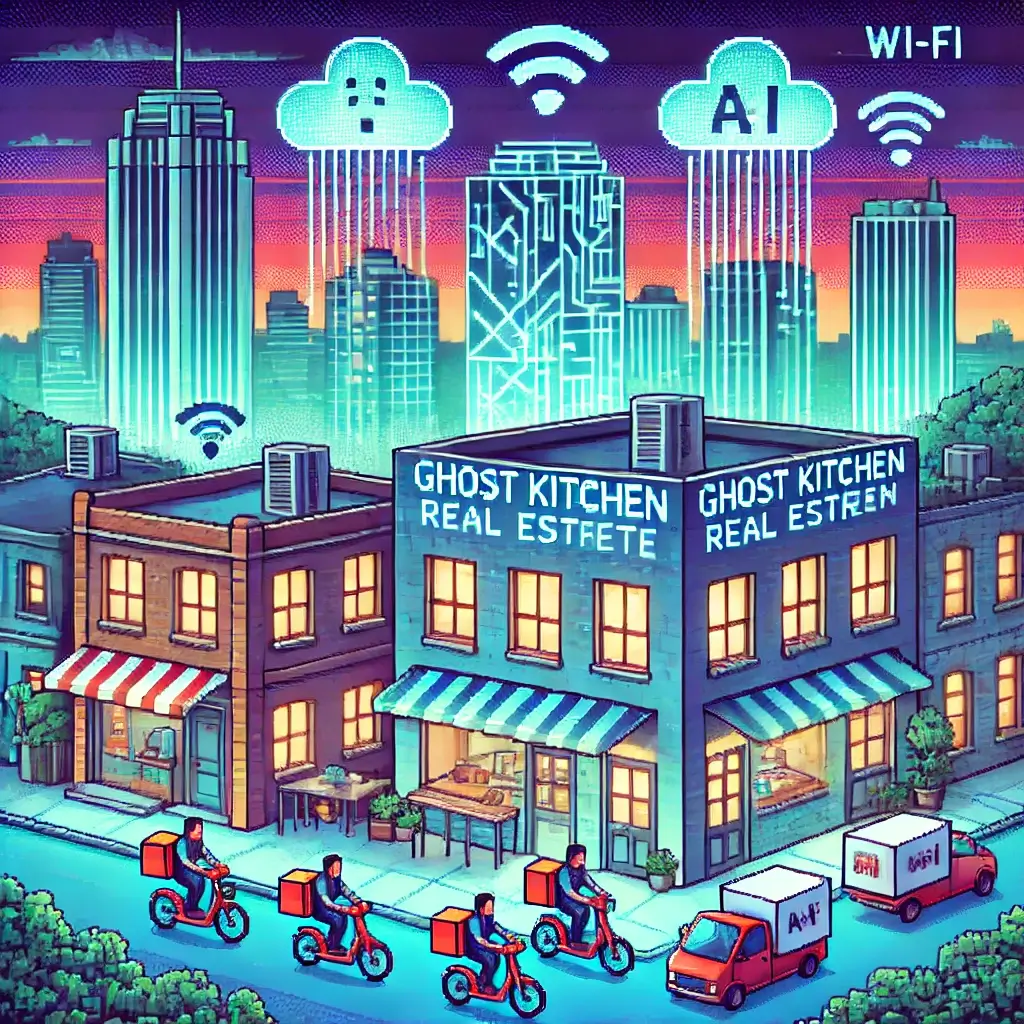 "Pixel art cityscape depicting the ghost kitchen boom—centralized kitchen hub glowing with tech icons, delivery drivers leaving on bikes and scooters, surrounded by modern buildings marked as ghost kitchens under a twilight skyline."