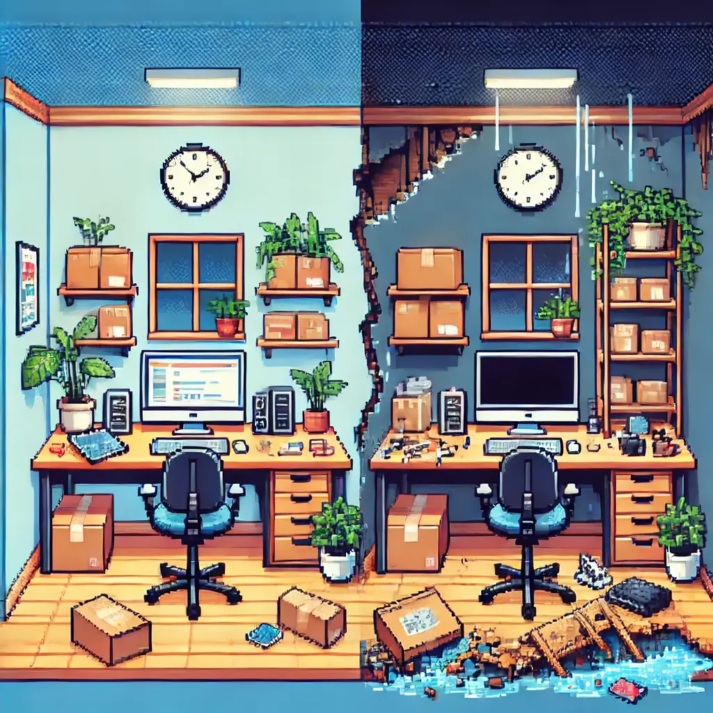 Pixel art of a split home e-commerce office—left side calm, right side damaged with water leaks, fallen shelf, and power outage—showing contrast before and after a disaster.