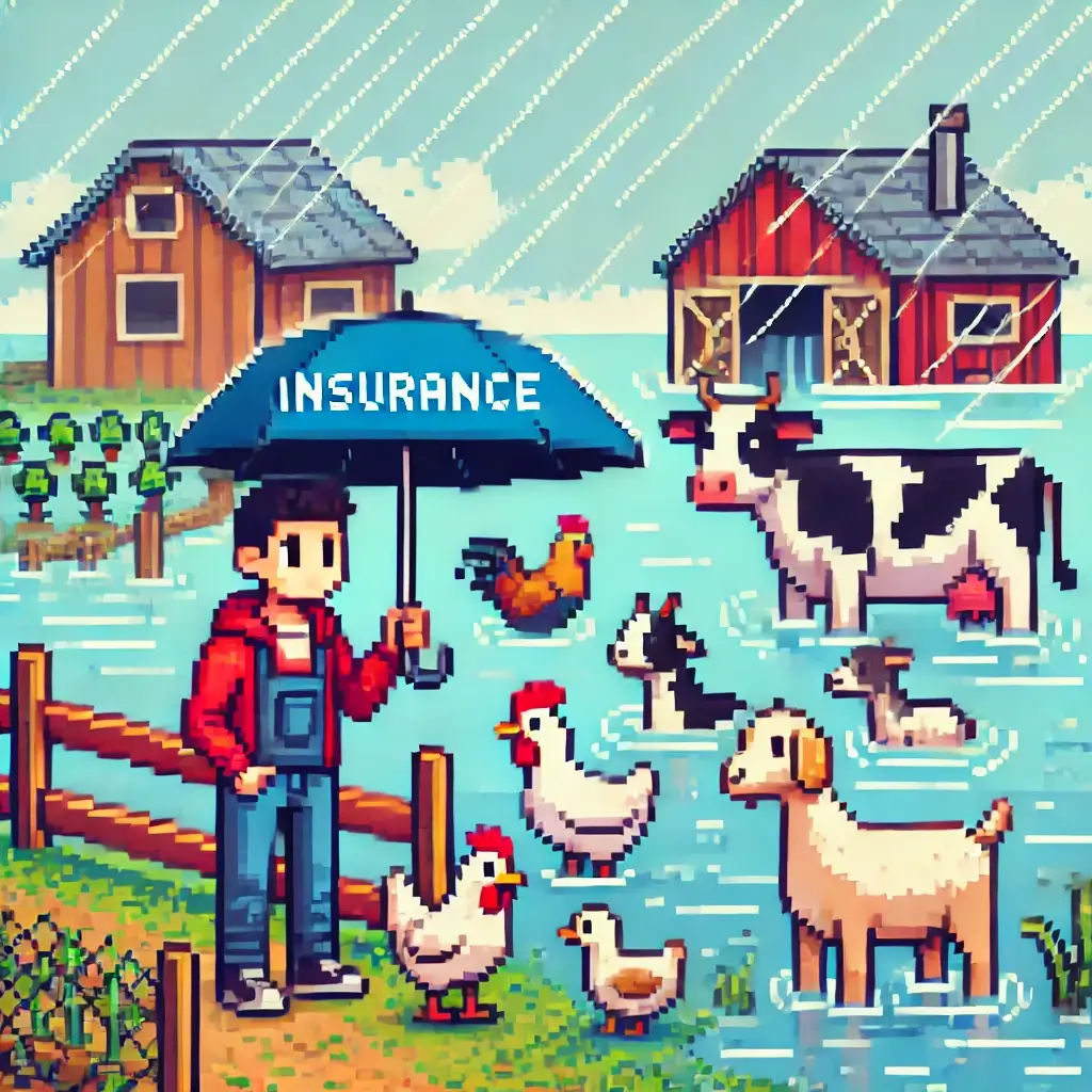 Pixel art of a flooded hobby farm during a storm, with a farmer and distressed animals under an umbrella labeled Livestock Insurance.