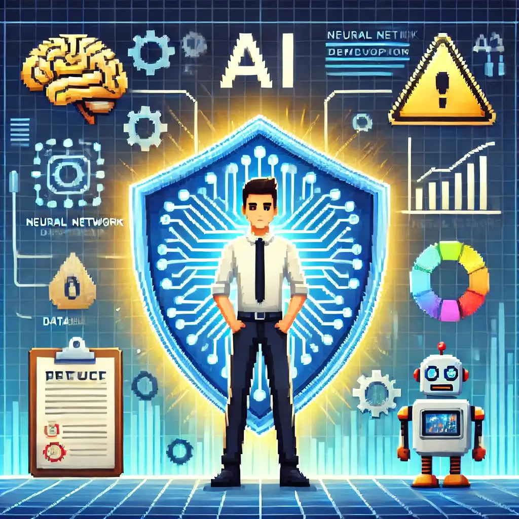 AI Developers: 3 Critical Reasons You Need Professional Liability Insurance NOW! 3 Pixel art of an AI developer standing confidently in front of a glowing shield, with digital threats (legal papers, broken gears, warning icons) deflected away. Behind the shield are AI symbols like neural networks, charts, and a robot, set against a futuristic city skyline.