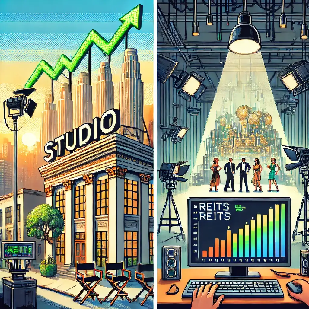 Pixel art of a bustling film production district with studio buildings, soundstages, camera rigs, and a stock ticker with green arrows rising above the skyline.