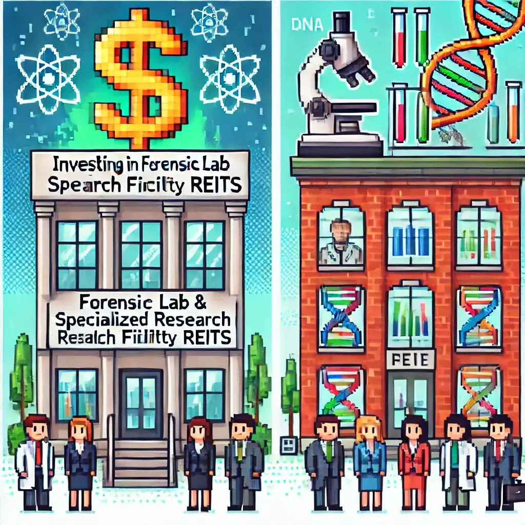 Pixel art of a modern Forensic lab with a glowing dollar sign above it, representing profitable real estate investment.