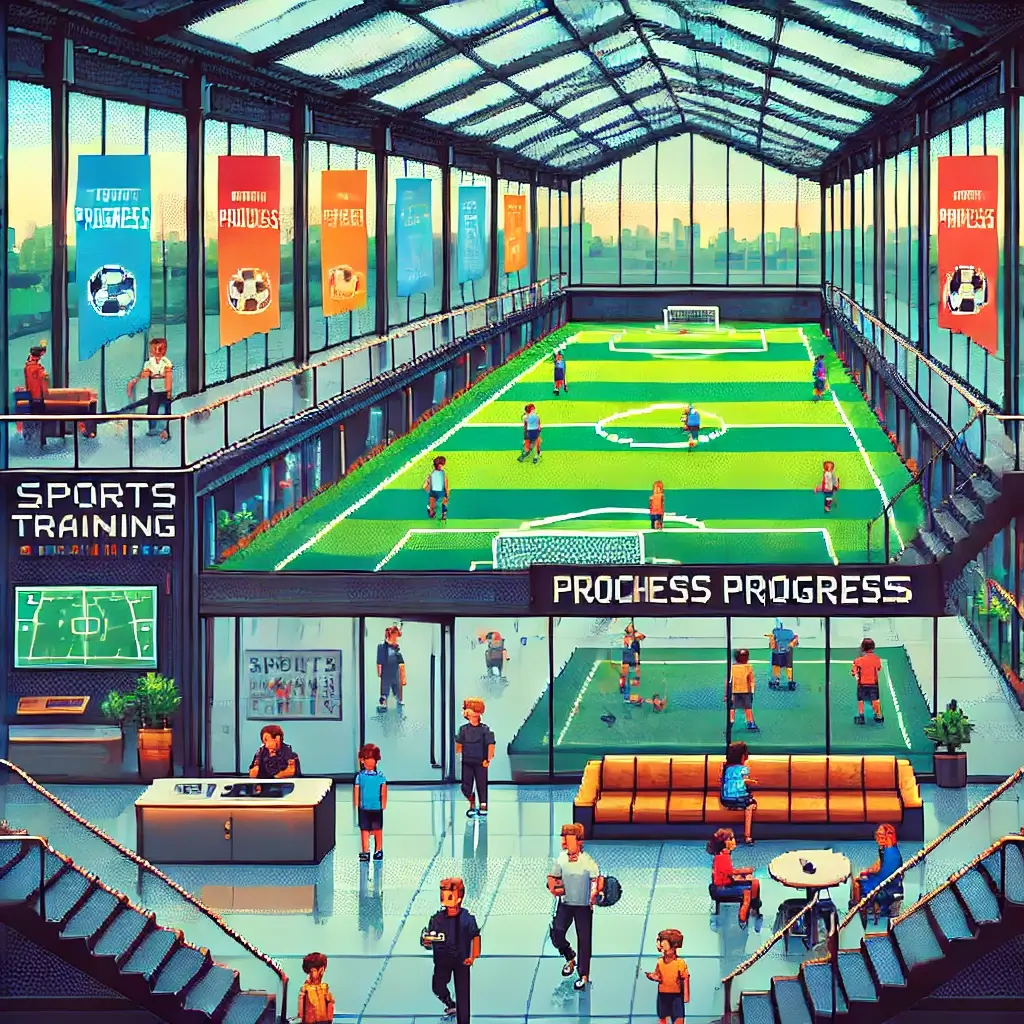 Pixel art of a vibrant indoor sports training facility with young athletes practicing and parents watching from a waiting area.