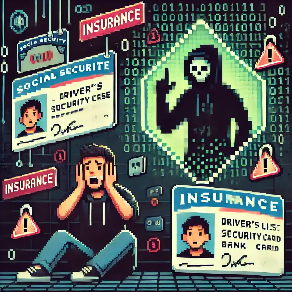 The Shocking Truth: What 1 in 5 Identity Theft Insurance Policies Cover (and Don't!) 2 Pixel art of a distressed person surrounded by stolen identity icons and a shadowy thief, with a glowing "Insurance" shield blocking digital threats.