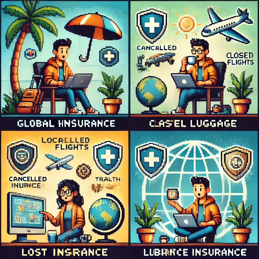 3 Insurances Every Digital Nomad & Remote Worker Abroad NEEDS! 2 Pixel art of a digital nomad with a backpack and laptop under a palm tree, protected by a glowing health shield — symbolizing global health insurance.