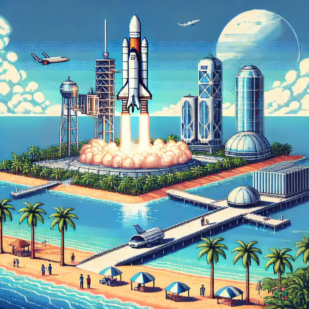 Tiny Nations, Trillions in Orbit: The $3 Trillion Space Tourism Gold Rush! 2 Pixel art of a futuristic island spaceport with a rocket launch over tropical waters, watched by tourists and surrounded by palm trees and advanced control towers.Space Tourism