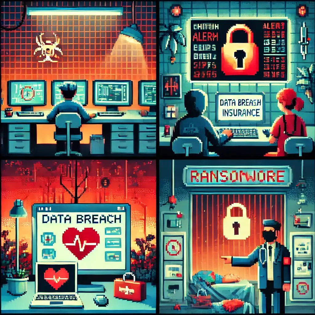 Stop the Bleed: Why 40% of Healthcare Startups Die Without Data Breach Insurance! 2 Pixel art of a healthcare startup office with glowing red alerts and a hacker in the shadows, symbolizing a data breach.