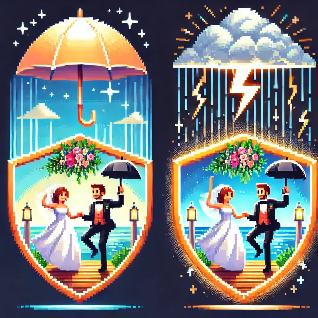 WEDDING INSURANCE: 5 Must-Knows to Save Your Dream Day! 2 Pixel art of a wedding ceremony with a giant umbrella shielding the couple from above, symbolizing wedding insurance protection.