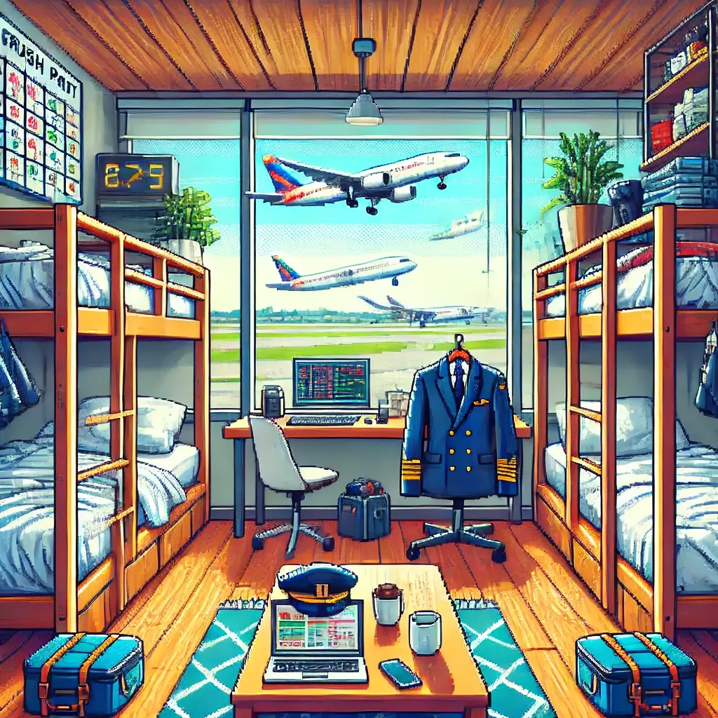 Cozy shared crash pad interior for airline pilots with bunk beds, uniforms, coffee, and view of airplanes.