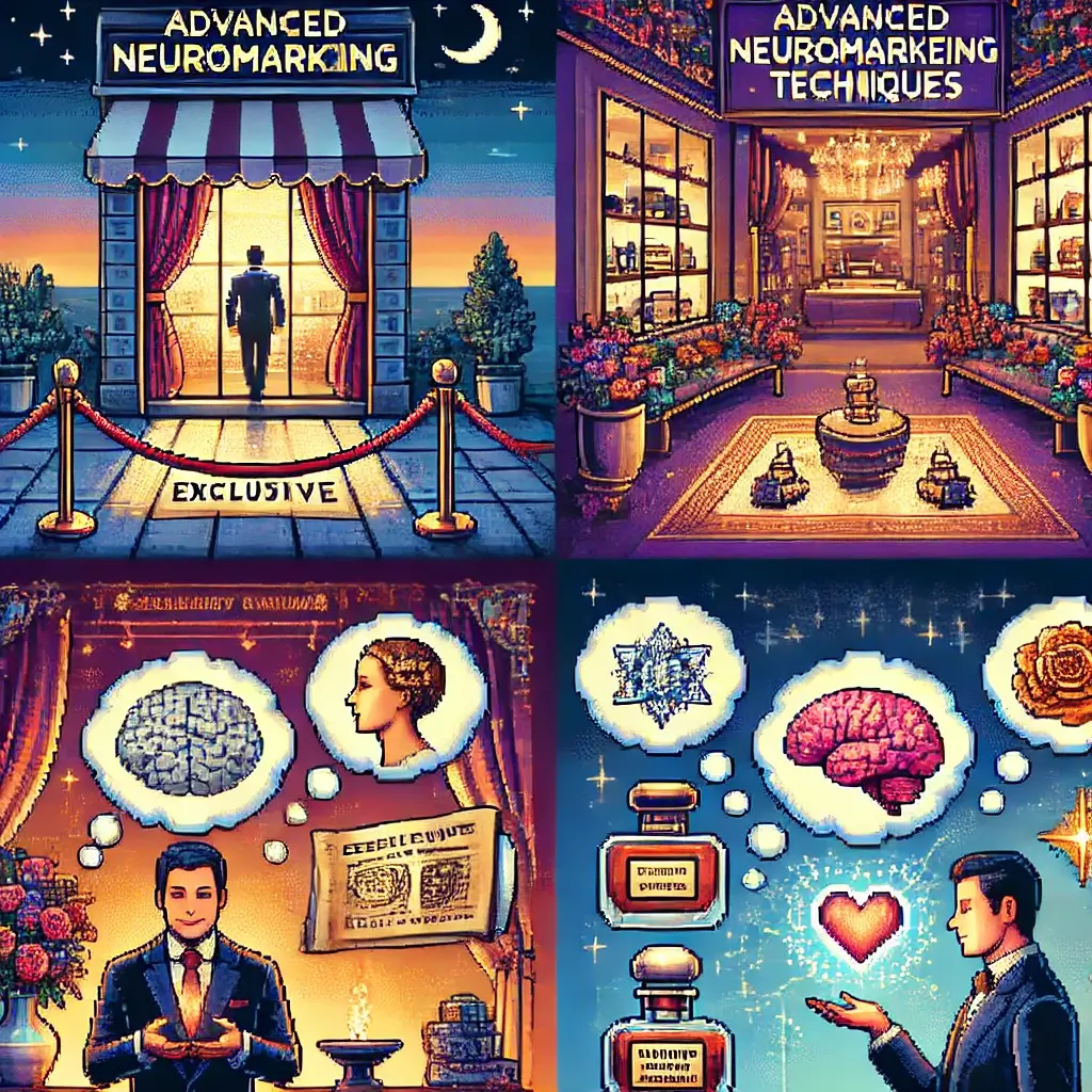 Pixel art of a luxury boutique with a golden "Exclusive" sign, velvet rope barrier, and stylish figures waiting outside — symbolizing scarcity and elite access. Neuromarketing