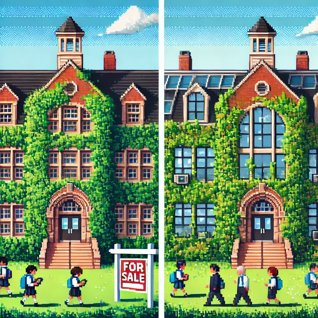 Pixel art of a traditional ivy-covered boarding school campus with a "For Sale" sign and students walking.