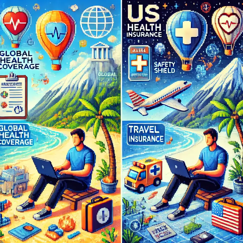 5 Remote Worker Health Insurance Hacks You NEED to Know! 2 Pixel art of a digital nomad working on a laptop at a tropical beach, with icons of global health, a safety shield, and a medical kit floating above, representing international health insurance.