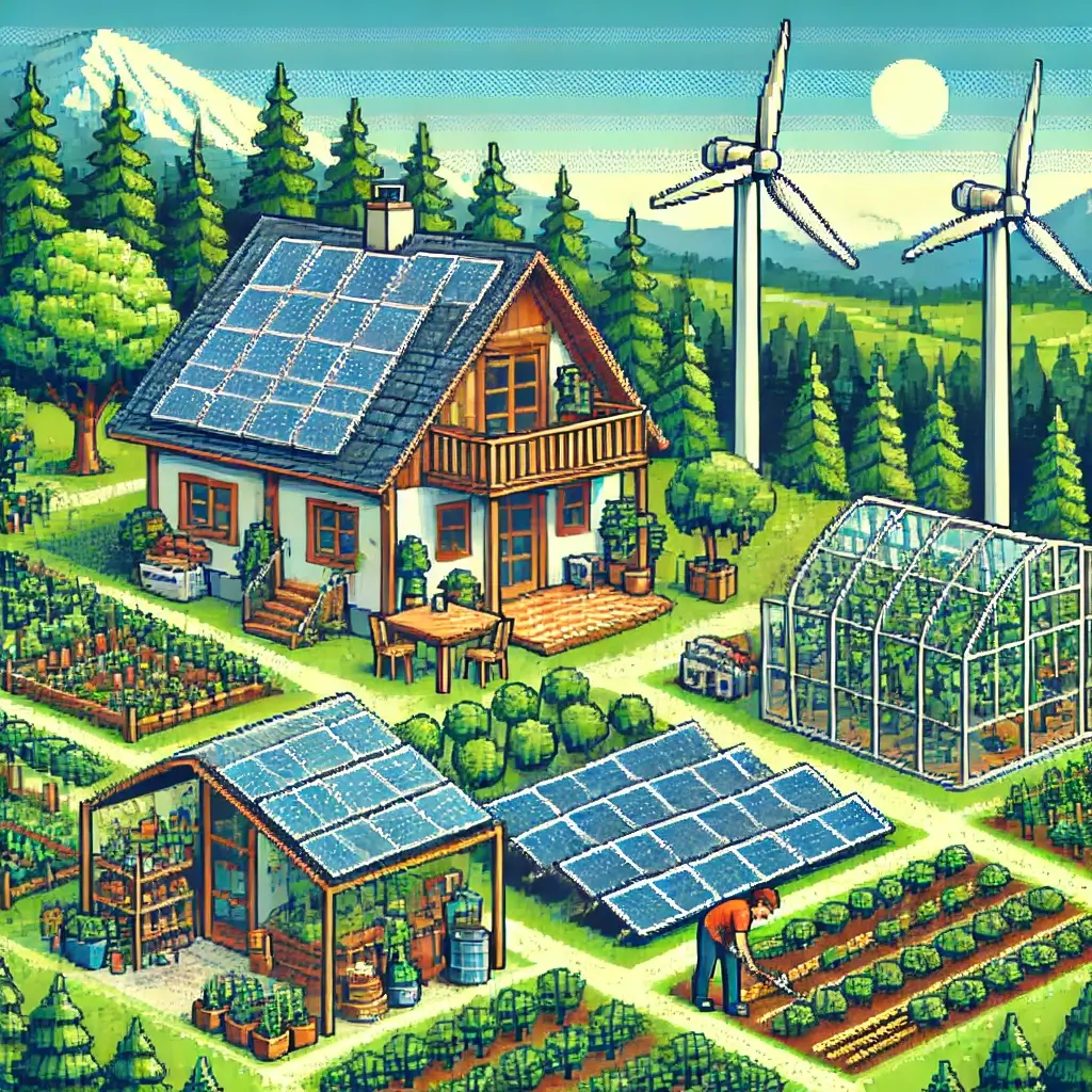 Pixel art of an off-grid home with solar panels, wind turbine, greenhouse, and garden in the mountains.