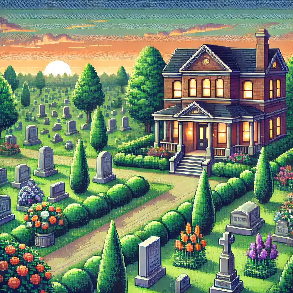 Pixel art of a green cemetery with gravestones and flowers, sunset in the background, and a cozy funeral home building with glowing windows.