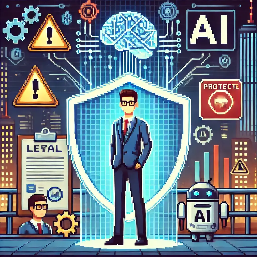 AI Developers: 3 Critical Reasons You Need Professional Liability Insurance NOW! 2 Pixel art of an AI developer standing confidently in front of a glowing shield, with digital threats (legal papers, broken gears, warning icons) deflected away. Behind the shield are AI symbols like neural networks, charts, and a robot, set against a futuristic city skyline.
