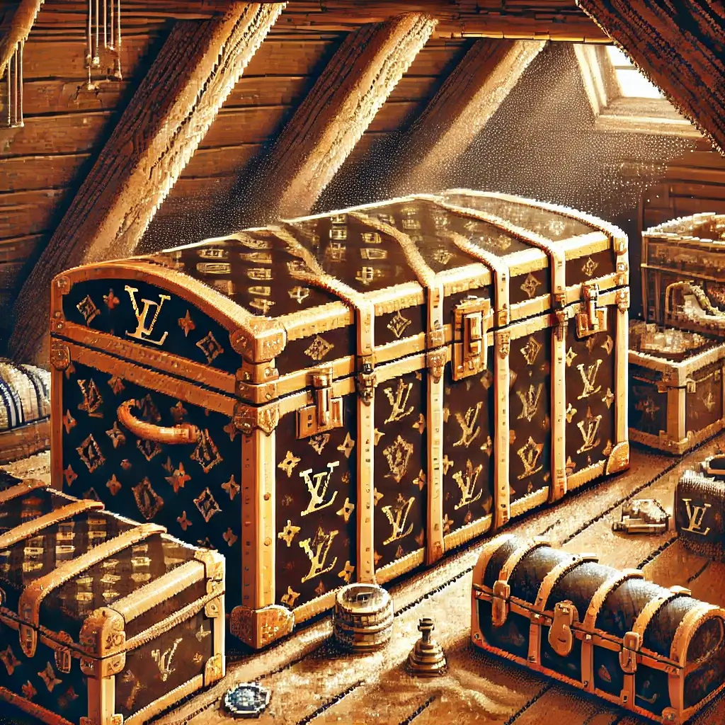 Pixel art of an antique Louis Vuitton trunk discovered in a dusty attic, surrounded by travel relics and wooden beams.