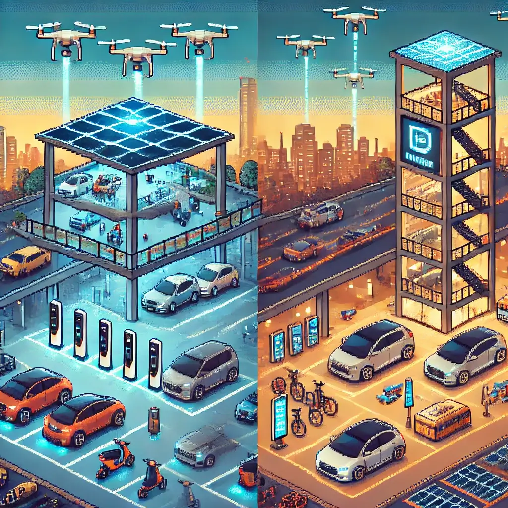 The Parking Apocalypse? 3 Ways Parking Garage REITs Will Thrive in 2025! 2 Pixel art of a futuristic rooftop parking garage turned into a mobility hub with glowing EV chargers, drones, scooters, and solar panels against a vibrant city skyline.