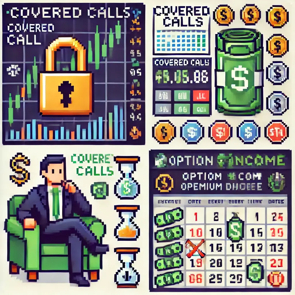 Pixel art of a stock chart with a padlock and dollar sign, symbolizing covered call income with ownership security.