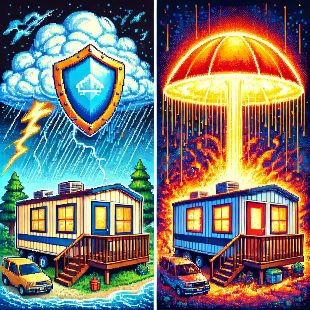 Pixel art comparison of two mobile homes — one damaged by fire, the other protected under an insurance umbrella.