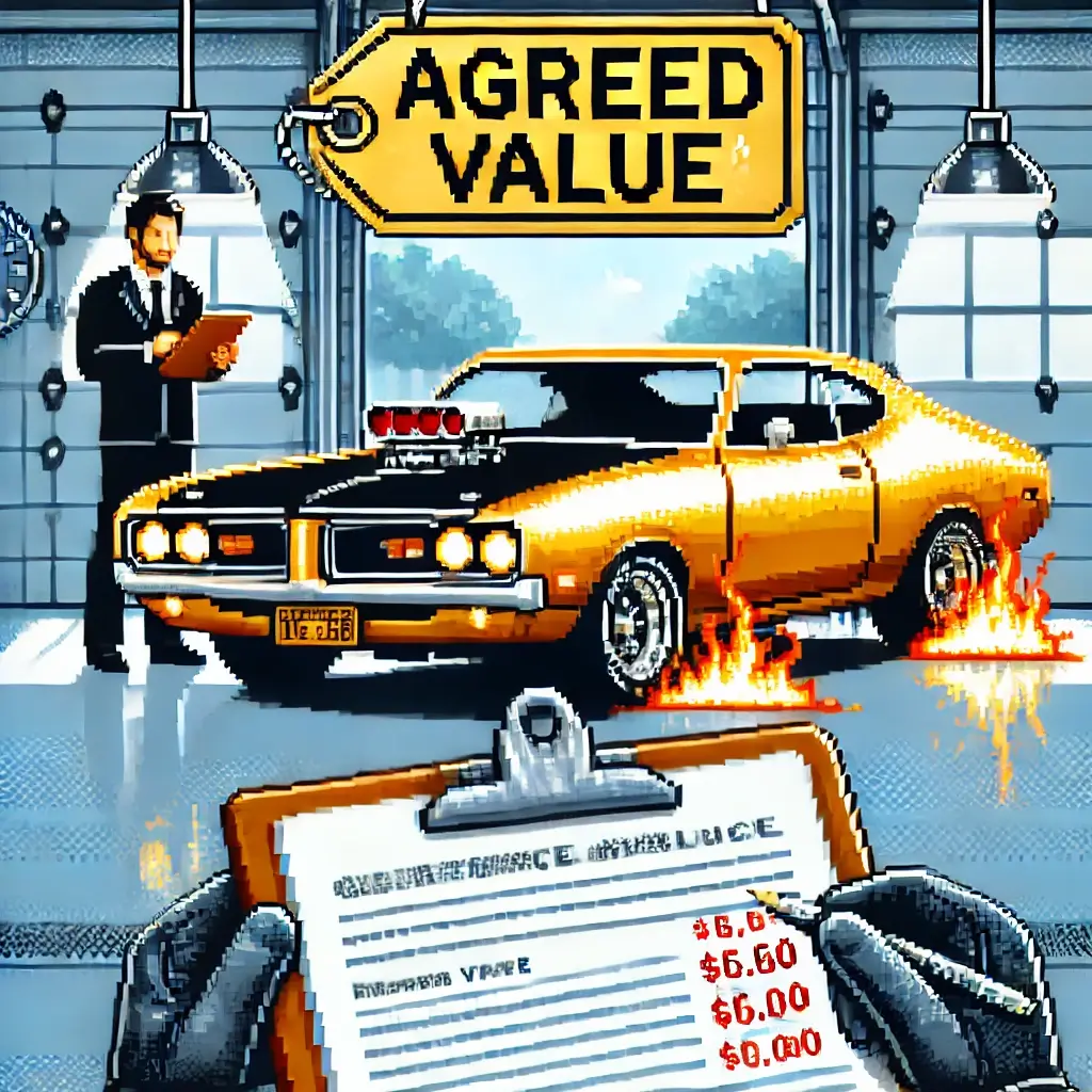 Classic Car Insurance: 2 Critical Choices That Could Save You 1000s! 2 Pixel art of a classic car in a garage with a glowing "Agreed Value" badge and an appraisal clipboard.