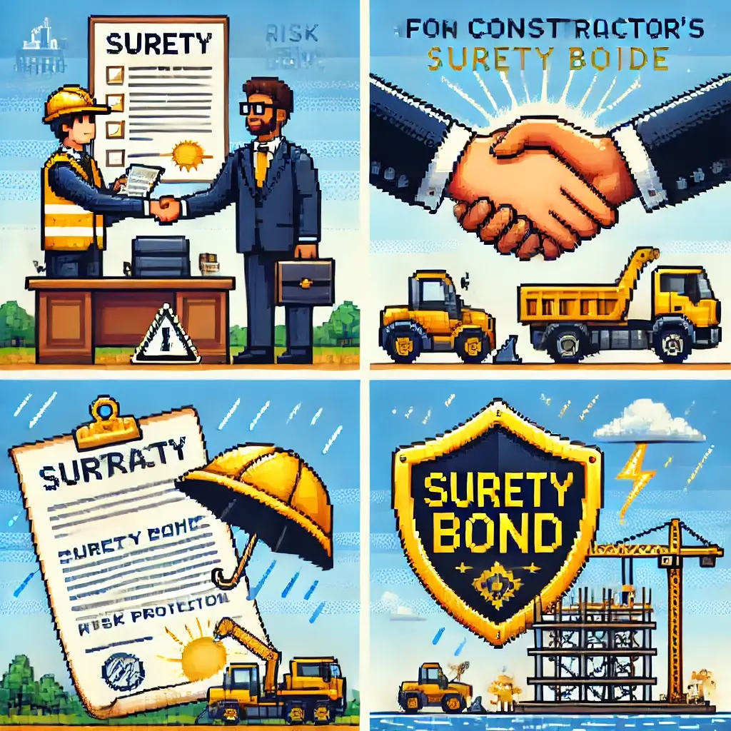 Unlock 3X More Projects: The Subcontractor's Guide to Surety Bonds That Will Shock You! 2 Pixel art of a subcontractor shaking hands with a surety agent in front of a large contract and construction site.