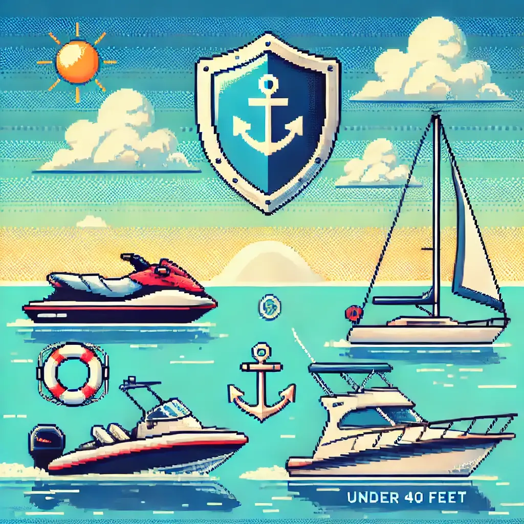 Pixel art of three recreational vessels—a jet ski, a center console fishing boat, and a sailboat—on calm blue water with shield icons above them symbolizing insurance, set against a sunny sky with clouds. Lifebuoy and anchor icons also appear, representing safety.