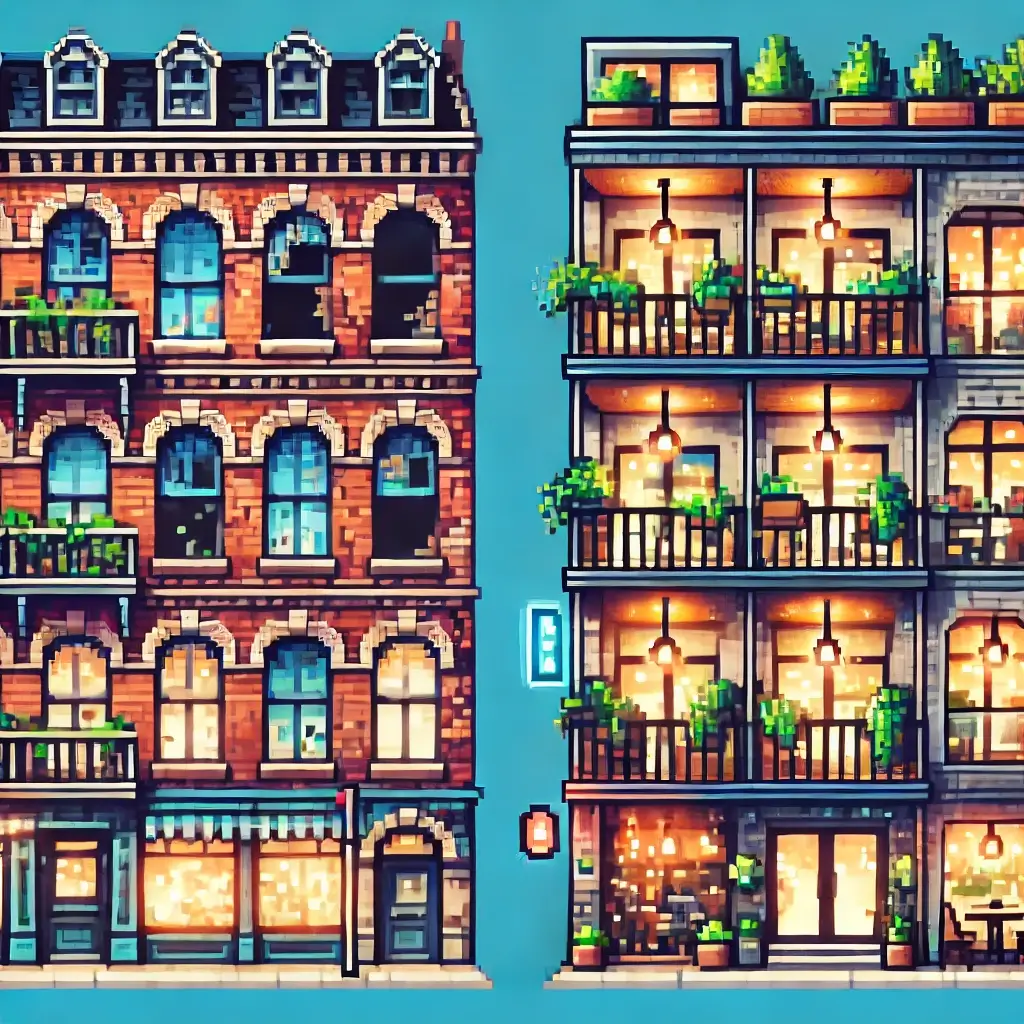 Historic building before and after renovation – pixel art of an old brick structure transforming into a modern, vibrant property with greenery and lights.