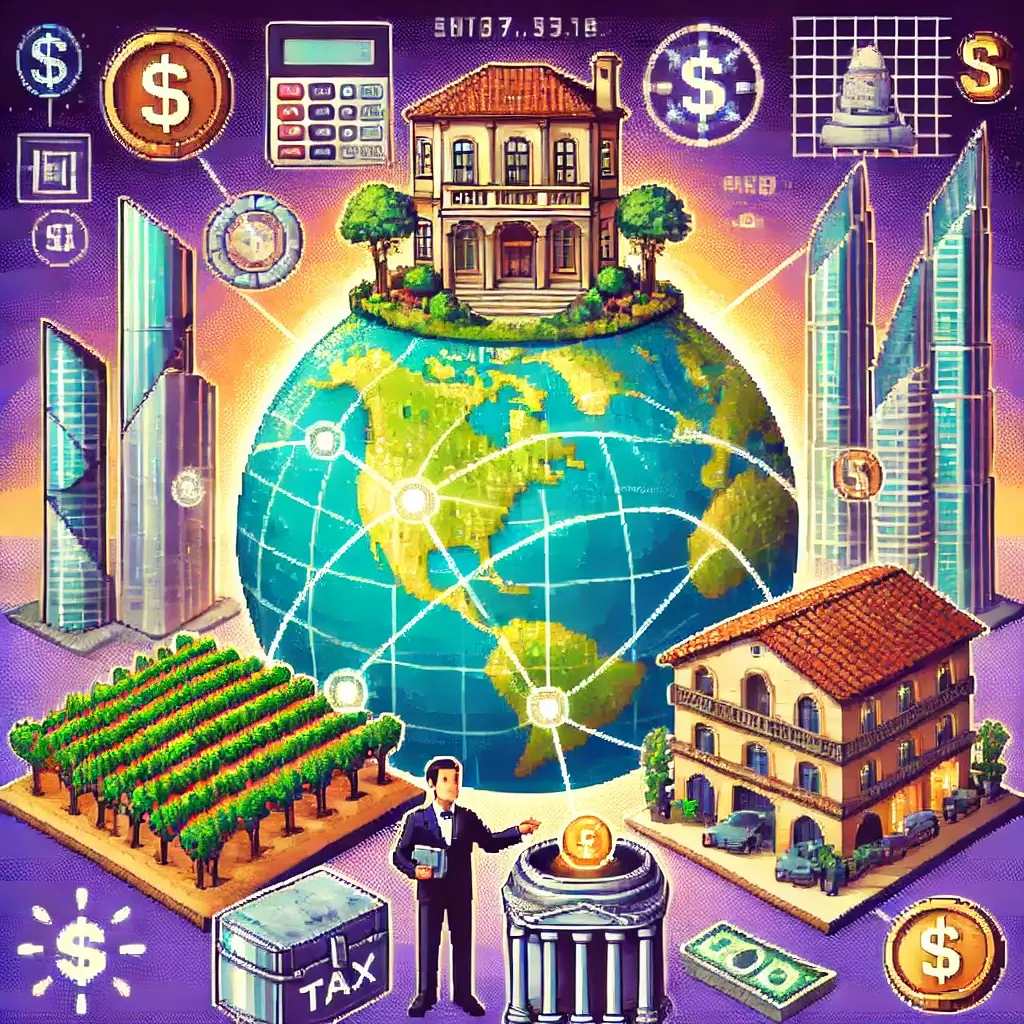 Pixel art of a globe-spanning International estate plan showing New York, Tuscany, and Singapore connected with tax treaty lines, with an advisor pointing at a legal strategy map.