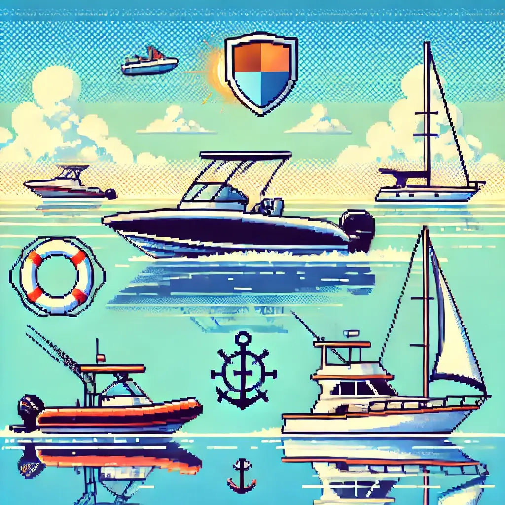 Pixel art of three recreational vessels—a jet ski, a center console fishing boat, and a sailboat—on calm blue water with shield icons above them symbolizing insurance, set against a sunny sky with clouds. Lifebuoy and anchor icons also appear, representing safety.