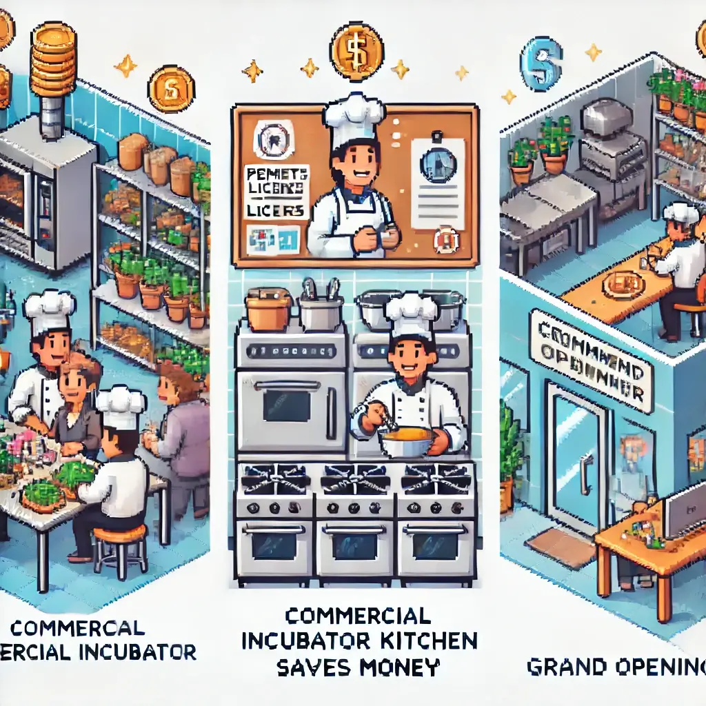 Pixel art of a shared commercial kitchen incubator with chefs cooking together, saving money with coins and dollar signs above them – representing cost savings in food business startups.