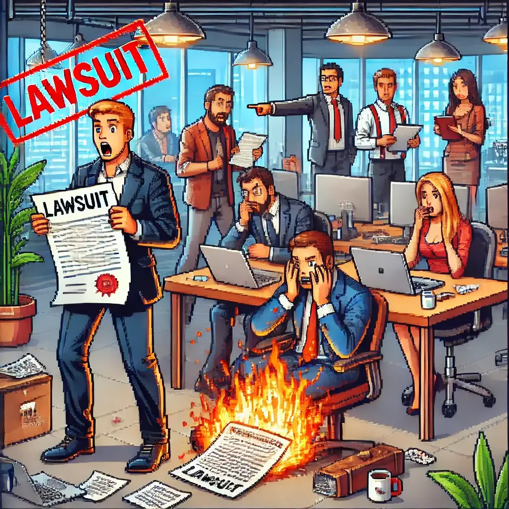7 Terrifying Startup Risks and How Employment Practices Liability Insurance (EPLI) Saves Your Business 2 Pixel art of a chaotic startup office during an employment lawsuit, with a panicked founder, lawyer pointing at a “Lawsuit” stamp, and distressed employees in a tech workspace. EPLI