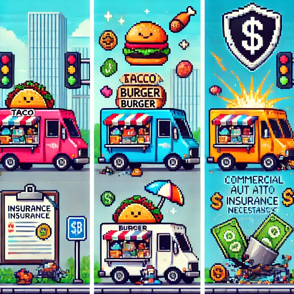 Pixel art of a food truck driving in a busy city with taco and burger signs, symbolizing food truck insurance risks.