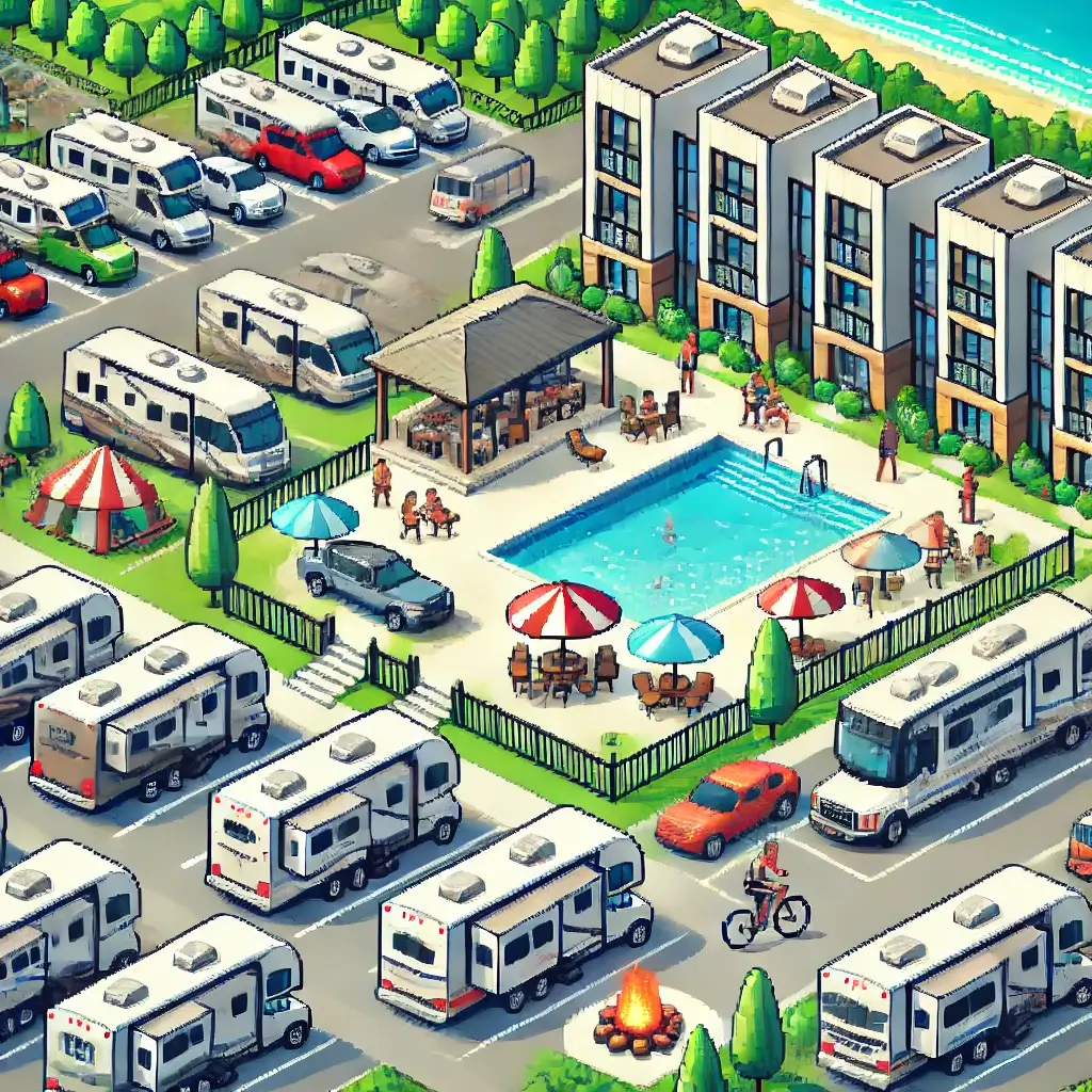 Pixel art of a luxurious RV park with modern amenities like a pool, clubhouse, and happy campers.