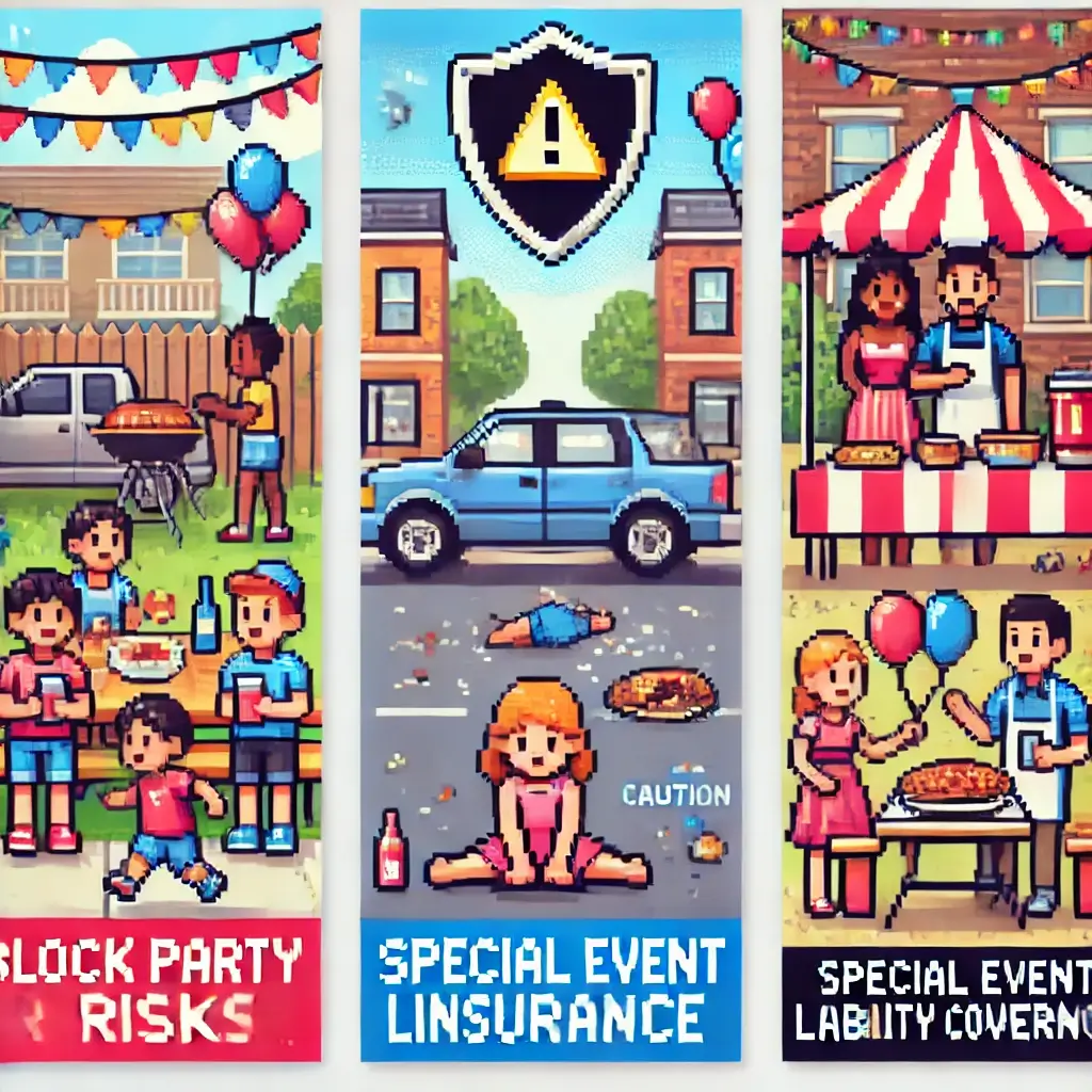 Pixel art of a cheerful neighborhood block party with families, kids, and a subtle caution sign symbolizing block party risks and special event liability insurance.