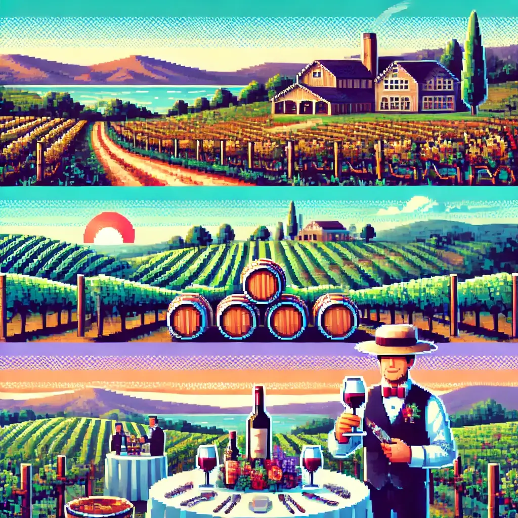 Uncorking Opportunity: 5 Insane Reasons Why Vineyard & Winery Real Estate Is Your Next Big Investment! 2 Pixel art vineyard landscape with rolling hills, grapevines, and a luxury winery estate, symbolizing vineyard real estate investment and agricultural wealth.