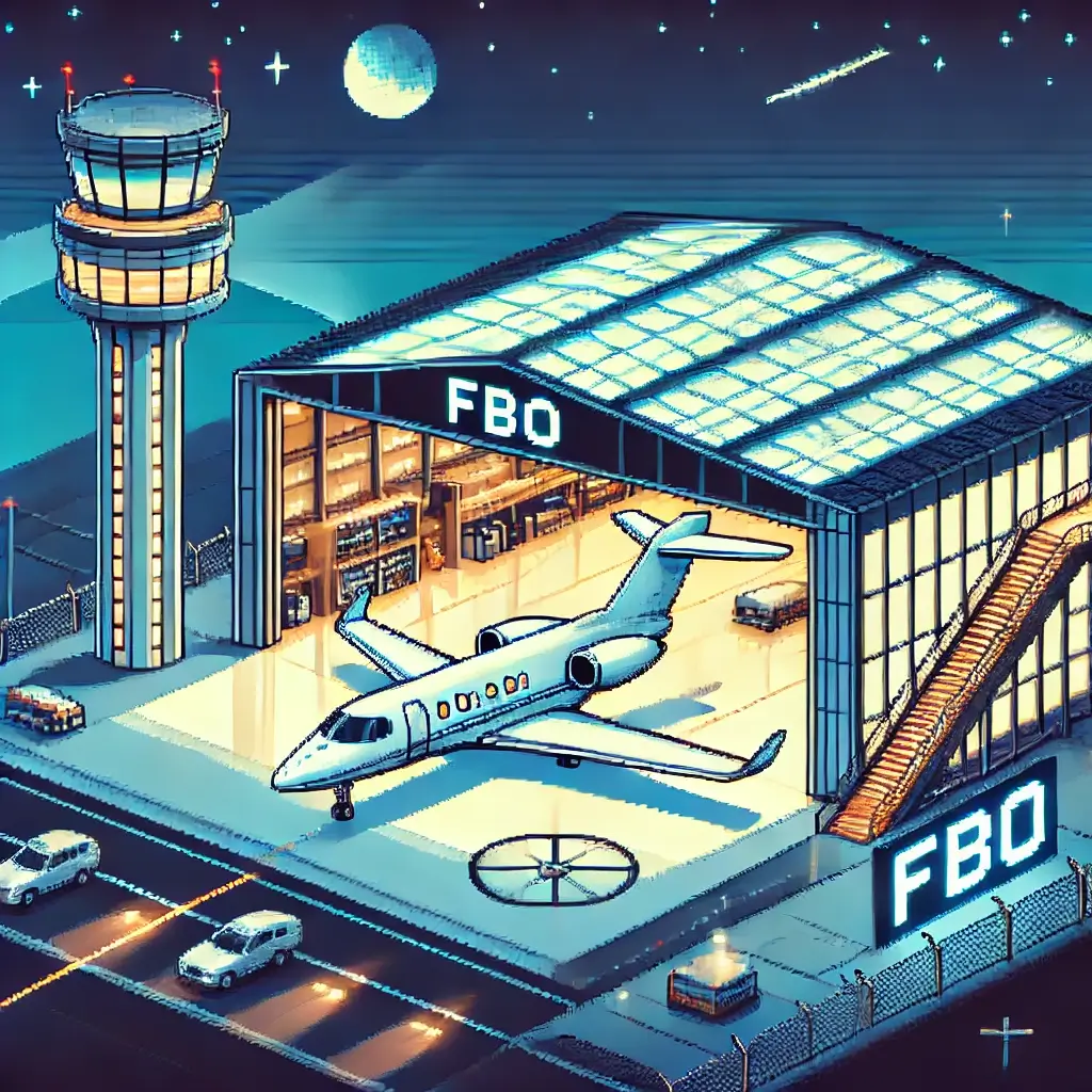 Pixel art of a private jet inside a modern hangar with FBO signage and control tower nearby.