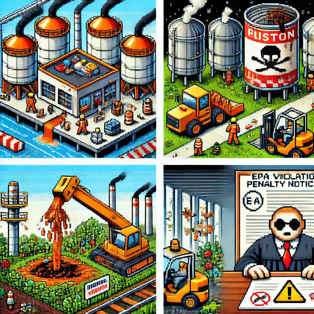 Pixel art of a factory with a chemical spill, forklift, and hazmat crew containing the accident. Environmental Liability Insurance