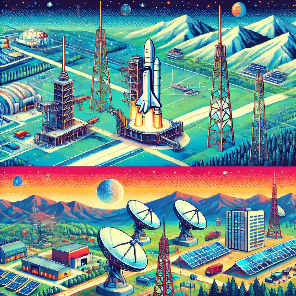 Pixel art of a futuristic spaceport with rocket launchpad, manufacturing facilities, mission control, and R&D labs, representing space launch real estate.