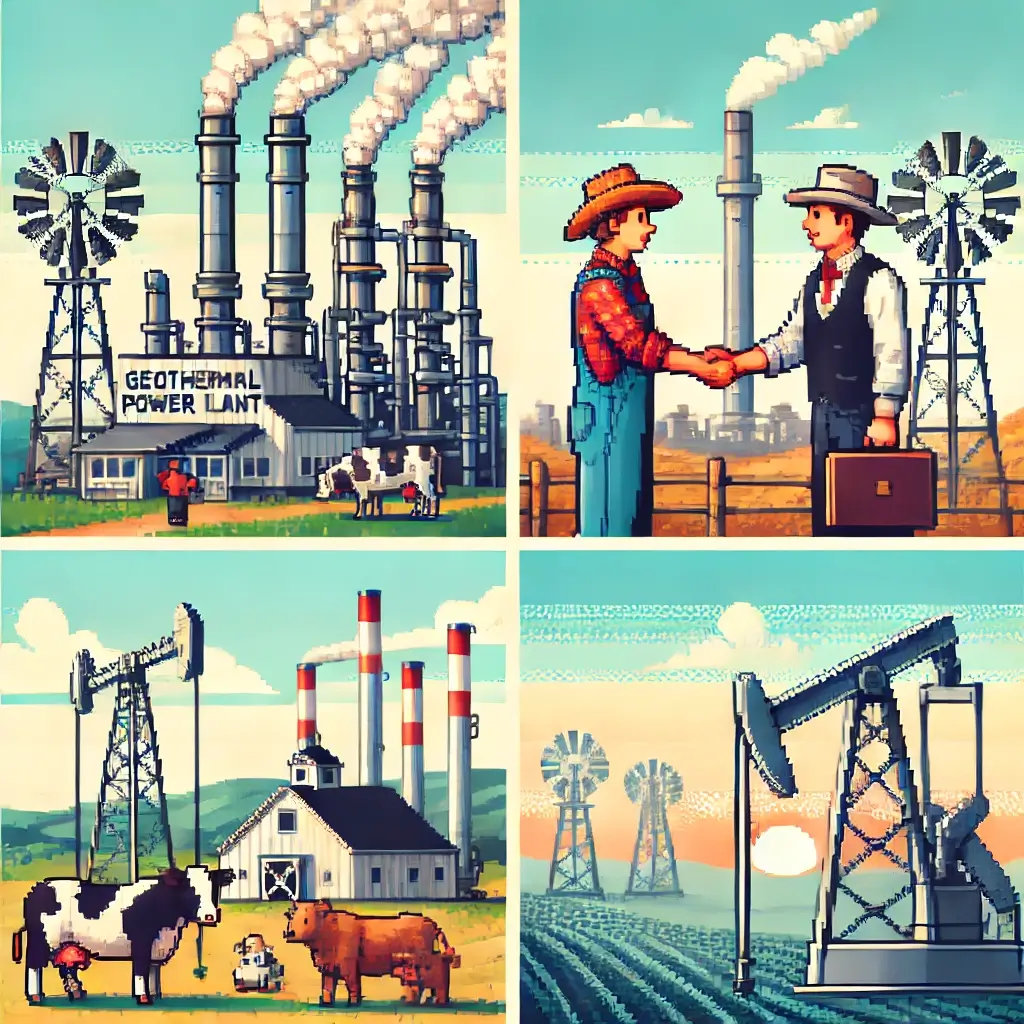 Pixel art of a geothermal power plant land lease showing steam turbines, pipes, and wells generating renewable energy.