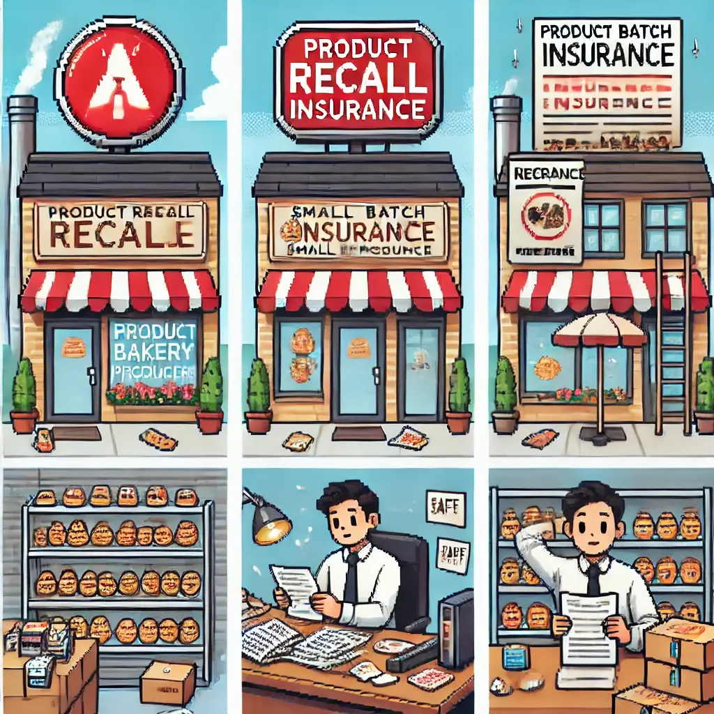 Pixel art of a small bakery with a red recall alert symbol above, representing product recall risks for small batch producers.
