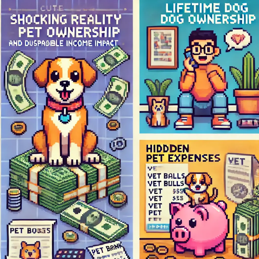 The Shocking Truth: Your Pet Could Cost You Over $30,000! 馃捀 2 Pixel art of a dog sitting on a pile of money with floating vet bills, symbolizing pet ownership, disposable income, and lifetime costs.