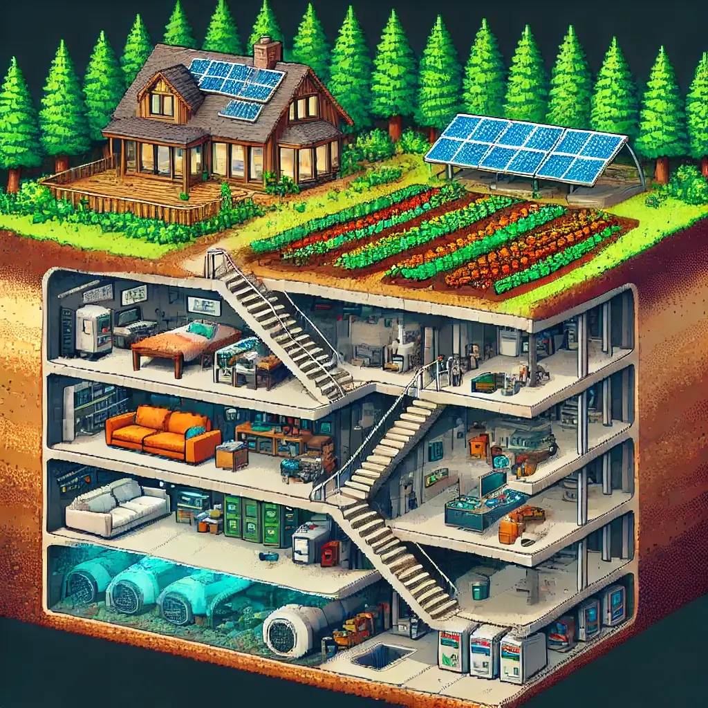Pixel art cross-section of a modern underground survivalist bunker with solar panels, food storage, and hydroponic systems under a remote forest cabin. Bomb Shelter