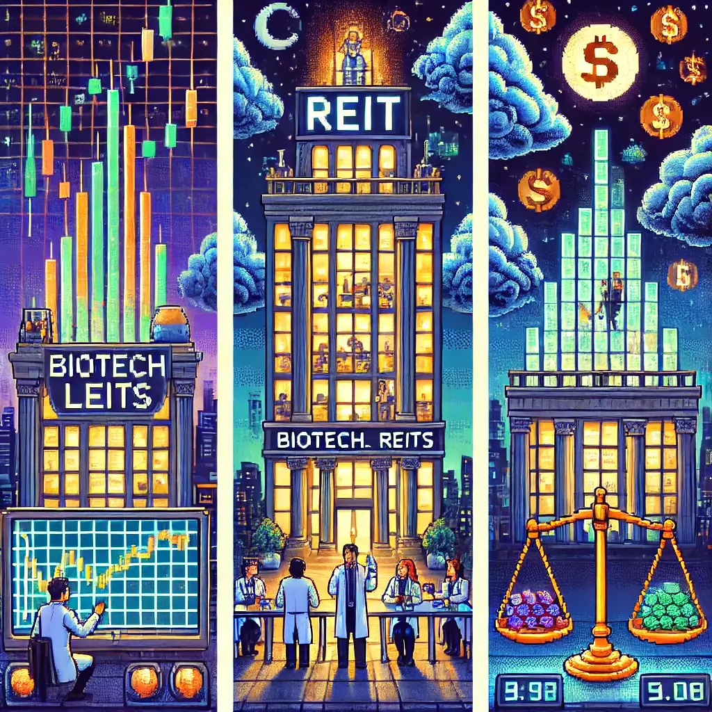 Biotech Lab REITs: 11 Surprising Ways They Hedge Pharma Volatility Pixel art of a biotech lab REIT skyscraper glowing steadily while volatile biotech stock charts swing wildly on a neon screen.