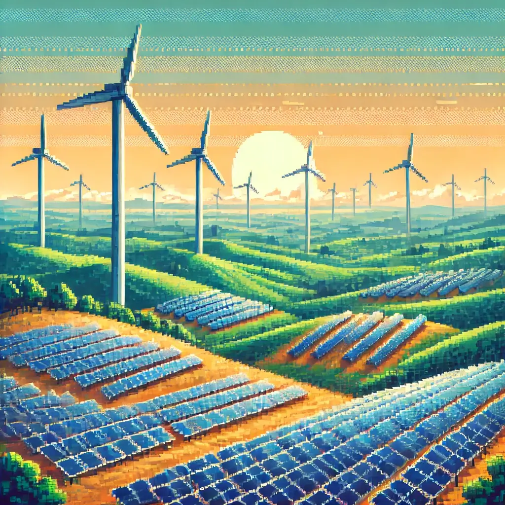 Pixel art illustration of a serene landscape with rolling hills, wind turbines, and solar panels under a bright sky. Land Lease REITs