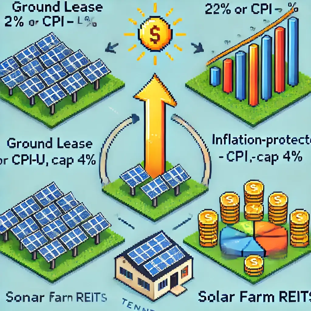 7 Shocking Solar Farm REITs Secrets That Deliver Unstoppable Inflation-Proof Income. Pixel art of a solar farm REIT with solar panels on leased land and an arrow rising upward, symbolizing inflation-protected income.